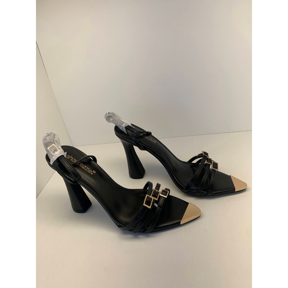 ShoeDazzle Black Strappy Block Heel Sandals Gold Toe Cap Size‎ 8.5